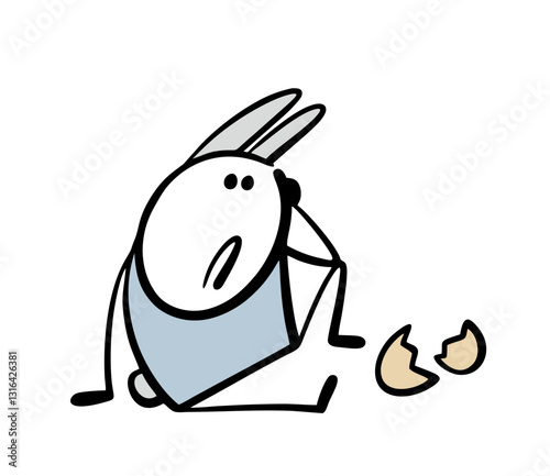 Unfortunate Easter bunny found an egg and dropped it. Vector illustration of a man in a fancy dress smashing the symbol of the holiday, sitting, suffering. Funny doodle cartoon.