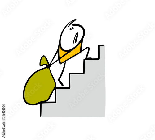 Disgruntled man pulls a huge bag up the stairs. Vector illustration, stairs and a tired stickman. Funny doodle cartoon isolated on white background.