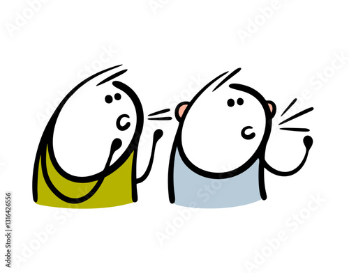 Stupid, independent politician is making  speech. Vector illustration of stickman listening to advice and repeating other peoples words. Man whispers in my ear, imposes his opinion.