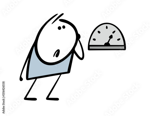 Worried man looks at the dial. Vector illustration of a scientist conducting an experiment, a device with a scale and an arrow. Funny doodle cartoon isolated on white background.