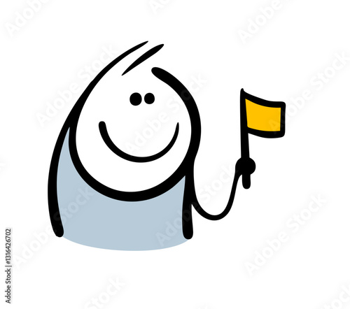 Cheerful stickman holds a flag at the celebration. Vector illustration of a patriot of the country or a cheerful man on a holiday. Funny doodle cartoon isolated on white background.