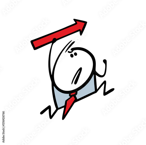 Aggressive stickman holds a red arrow in his hands and aim at the target. Vector illustration of a businessman running to financial success, attacking competitors, business concept.
