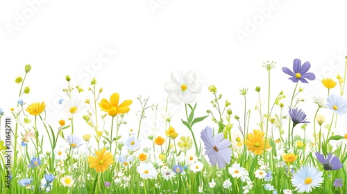 Colorful flowers bloom in a grassy field, isolated on white, for web banner use