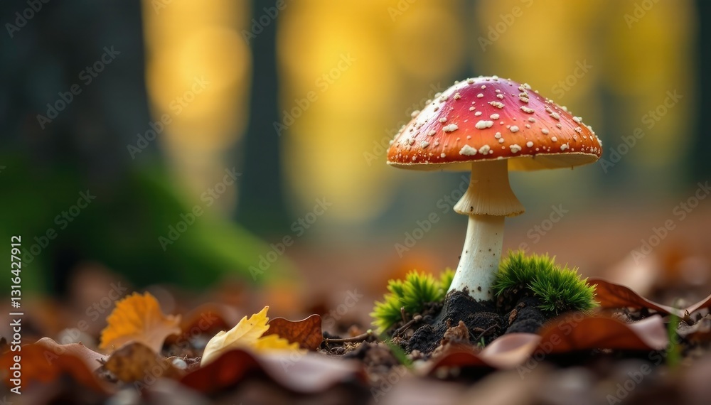 Solo mushroom in autumn forest near tree stem, fungi, forest floor, tree Solo mushroom in autumn forest near tree stem, fungi, forest floor, tree