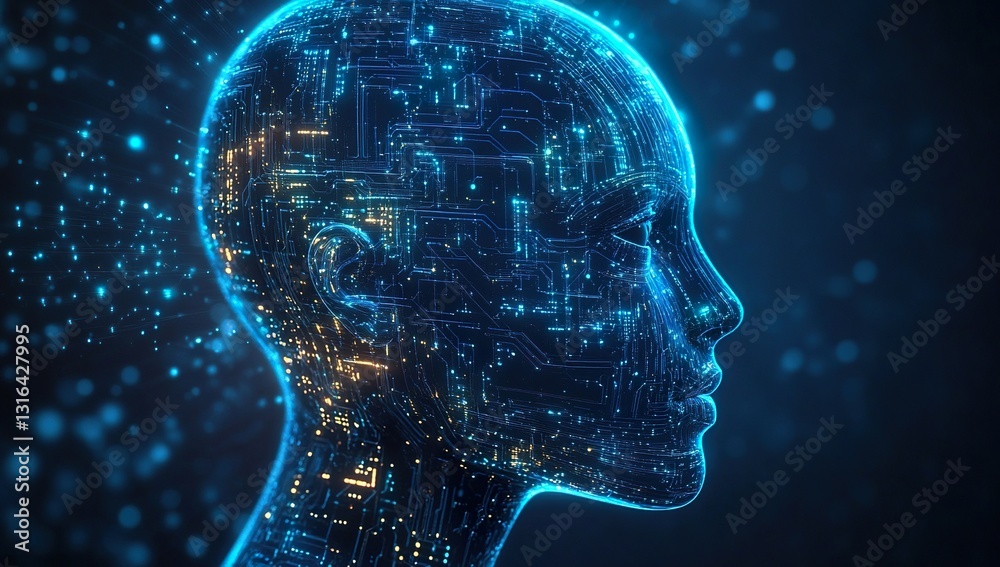 Fototapeta premium Artificial Intelligence Digital Human Head with Circuit Board in Dark Blue and Light Azure, Tech-Savvy Hyper-Realistic Sci-Fi Illustration, Glowing Neon Lines, Futuristic Design, Dark Background