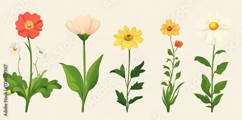 Digital illustrations depicting various colorful flowers with green leaves and stems