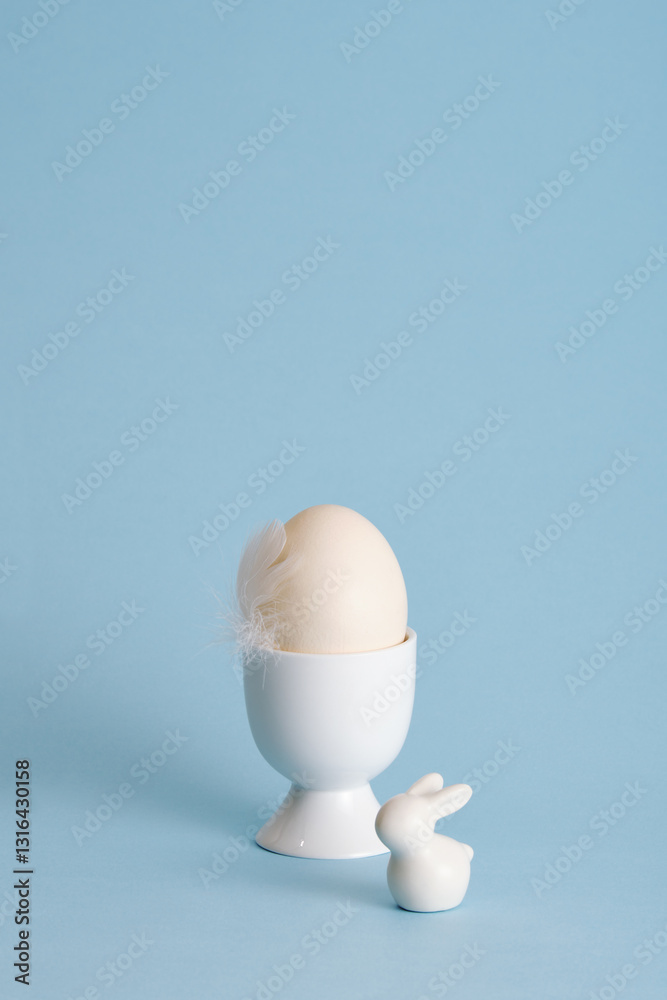 Minimalist Easter egg with a white feather bird and ceramic bunny on a pastel blue background. A place for your text, congratulations, wishes. Minimalist Easter egg with a white feather bird and ceramic bunny on a pastel blue background. A place for your text, congratulations, wishes.