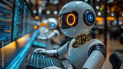 RPA in customer service, featuring AI-driven chatbots handling real-time customer inquiries, automated responses, and intelligent call routing