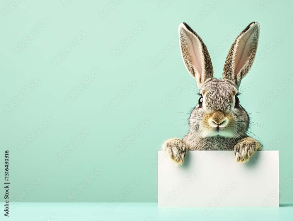 Obraz premium adorable easter bunny peeking over blank sign on pastel background