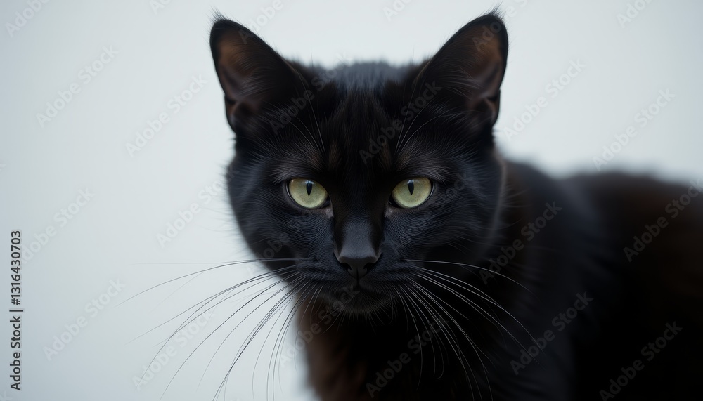 Black cat with yellow eyes staring intently into the camera Black cat with yellow eyes staring intently into the camera