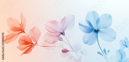 A soft floral silhouette with a gradient pastel blue and peach background, the gentle curves and soft edges captured in fine detail 