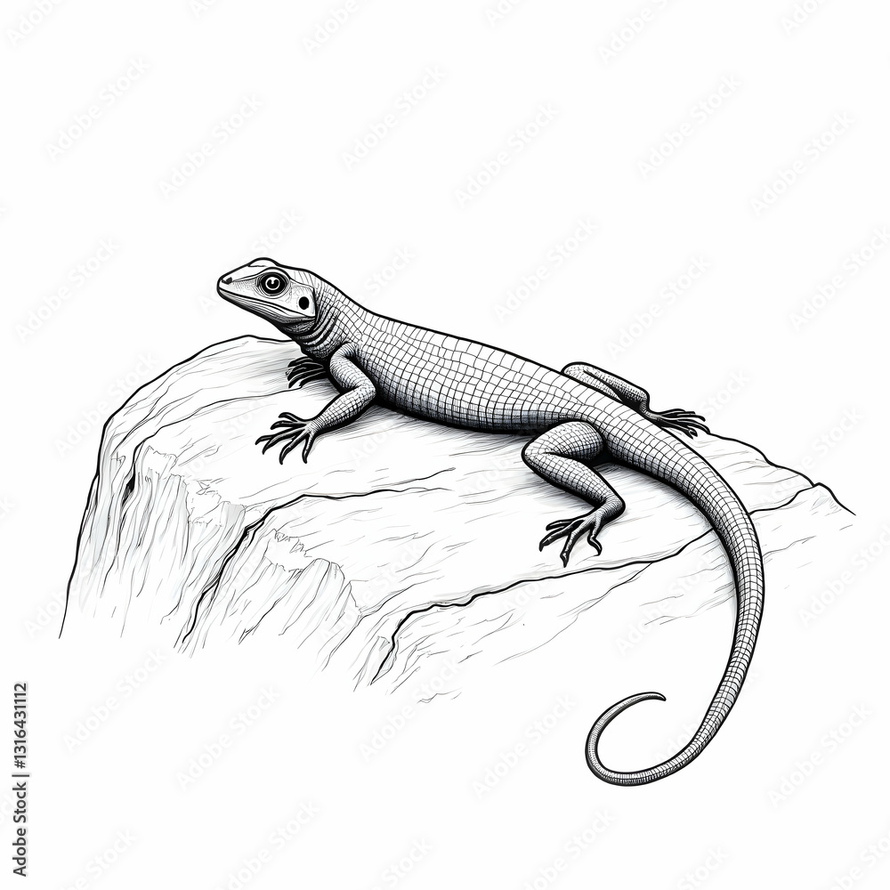 Fototapeta premium Lizard basking on a rock, line art illustration
