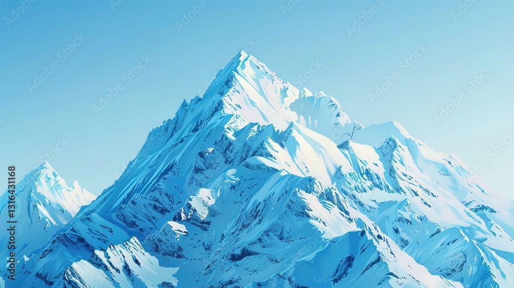 A realistic painting of a snow-covered mountain peak under a clear blue sky, against a solid background.