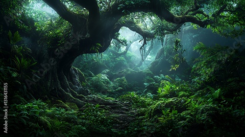 Lush Green Forest with Ancient Tree and Sunlight Beams