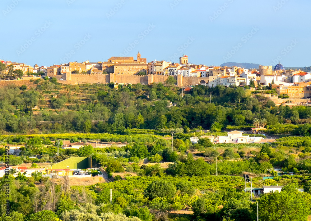 Fototapeta premium Spanish rural, aerial view. House in Countryside. Village houses at farm field. Rural landscape in Segorbe town, Castellon, Spain. House in olive farm field. View of the Segorbe castle in city.