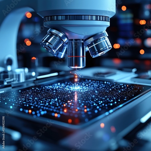 Microscopic view of nanotechnology; advanced science and technology research concept.  High-tech laboratory equipment.