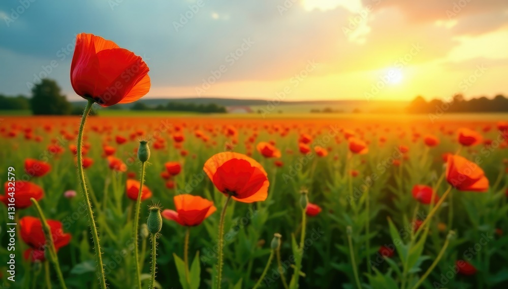 Fototapeta premium Wide shot of the wild poppy field in the early morning light, wide shot, blooming, green grass