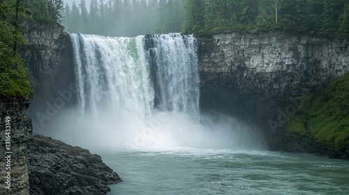 Majestic waterfall cascades over rocky cliffs with lush green forest
