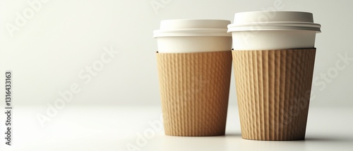 Two coffees to go, white cups, corrugated sleeves, and white surface