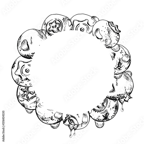 Blueberry blackberry, hand drawn in ink vector, group of scattered ripe forest berry with drops, blue and sketch. Wreath frame isolated illustration for restaurant, dessert cafe menu, farmers market