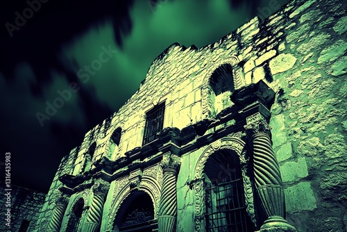 Dramatic view of the Alamo at night with illuminated textures and cloudy sky.