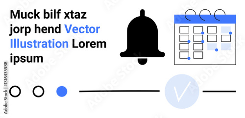 Bell icon symbolizing reminder, calendar indicating scheduling, text placeholder with Vector Illustration, progress indicators. Ideal for productivity, planning, notifications, reminders, scheduling