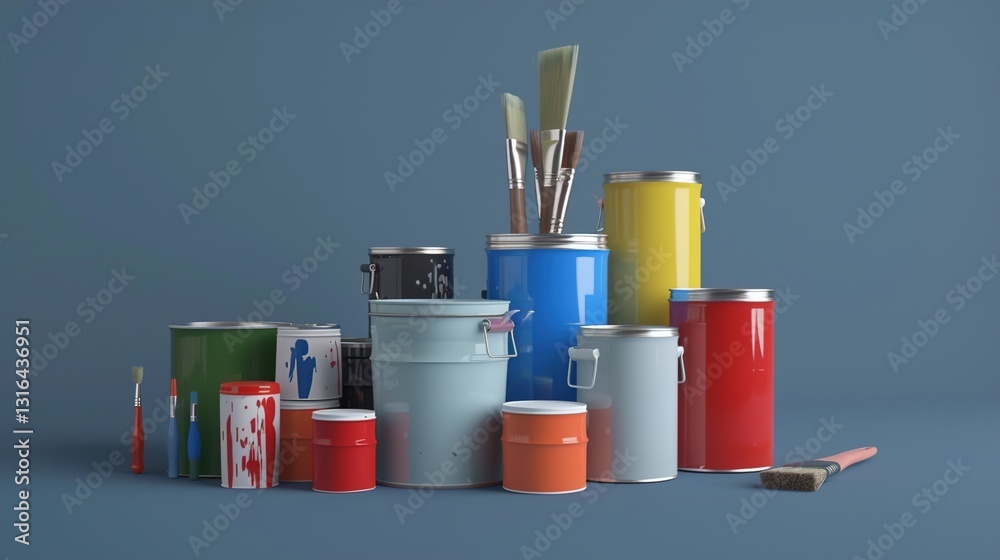 A set of paint cans and brushes arranged on a solid background, ready for a painting project.