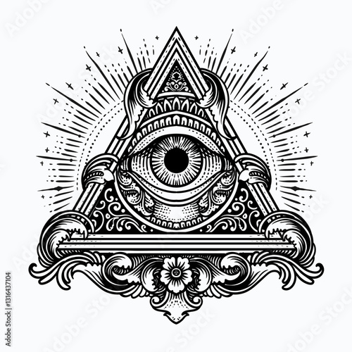 Illustration hand drawn All-Seeing Eye in Ornate Triangle with Cosmic Rays