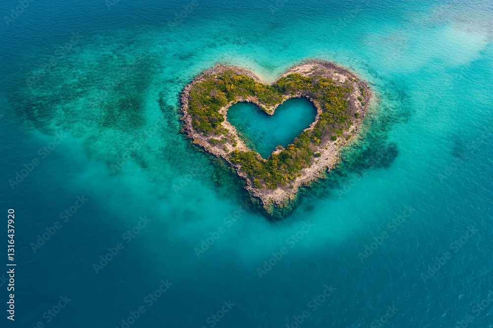 Heart-shaped island surrounded by turquoise water in a tropical setting Heart-shaped island surrounded by turquoise water in a tropical setting