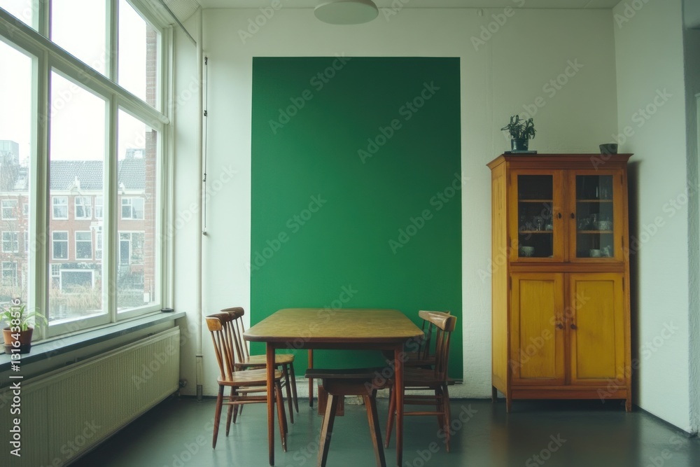 Fototapeta premium Minimalist dining room with green wall, wooden table, and vintage cupboard.