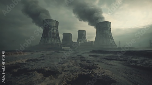 Wallpaper Mural Nuclear plant releasing smoke, environmental pollution in dystopian, cloudy landscape, conceptual use Torontodigital.ca