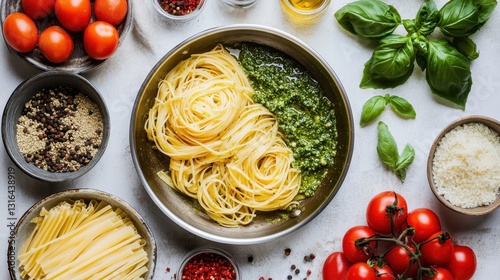 A vibrant array of ingredients, including vibrant basil pesto and al dente pasta, danced in a stainless steel frying pan under the watchful gaze of a white background, a culinary masterpiece captured