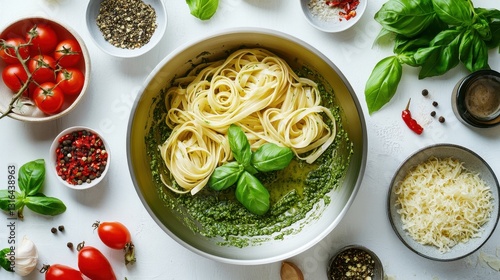 A vibrant array of ingredients, including vibrant basil pesto and al dente pasta, danced in a stainless steel frying pan under the watchful gaze of a white background, a culinary masterpiece captured