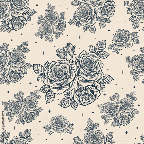 Vintage Seamless Rose Pattern with White Background