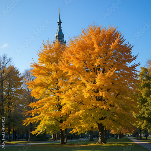 Autumn in Vondelpark, Yellow orange leaves on trees with Vondelkerk Church tower as background, Public urban park of 47 hectares in Amsterdam, Netherlands, It is part of the borough of Amsterdam-Zuid. photo