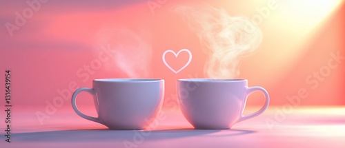 Two mugs with steam, heart in center. Pink and peach background, light