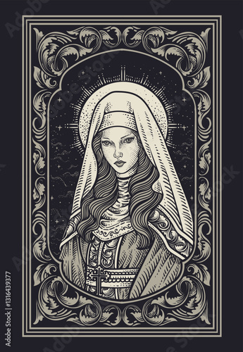 Illustration beautiful nun drawing with engraving style on engraving ornament frame.