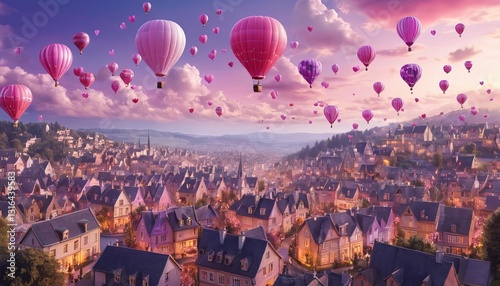A Whimsical Fairytale Town Bathed In The Soft Glow Of A Romantic Sunset, A Breathtaking Spectacle Of Countless Pink Hot Air Balloons Dancing In The Sky Above, Creating A Magical, Dreamy Atmosphere