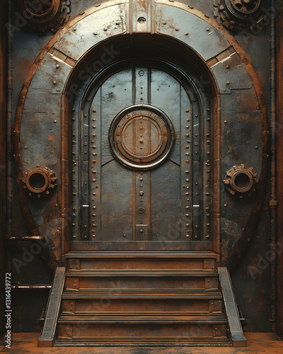 Detailed Steampunk Doorway with Gears and Rivets in a Bronze Setting