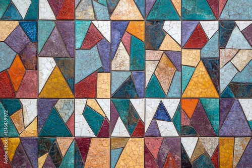 Colorful mosaic pattern featuring diverse geometric shapes in a vibrant design