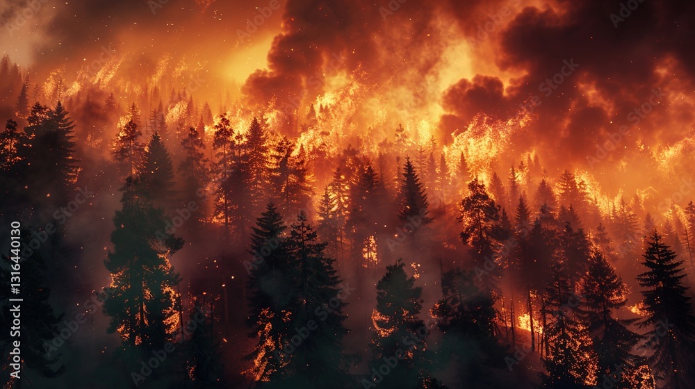 A vibrant image of a forest fire with intense flames and smoke billowing into the sky.
