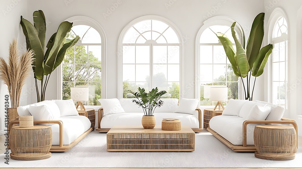 Fototapeta premium Serene Rattan Living Room: 3D Render of a Sunlit Interior Design AI Generated