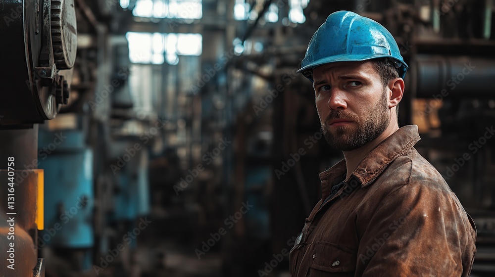 Worker's serious gaze in factory setting with machines and pipes in background. Worker's serious gaze in factory setting with machines and pipes in background.