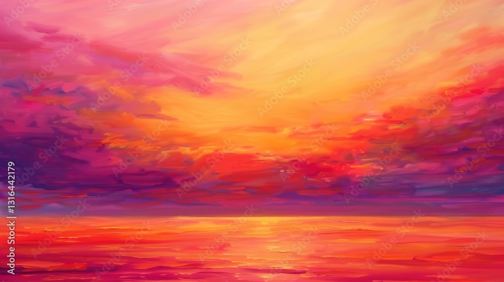A vibrant painting of a sunset with rich hues of orange and pink, against a solid background.