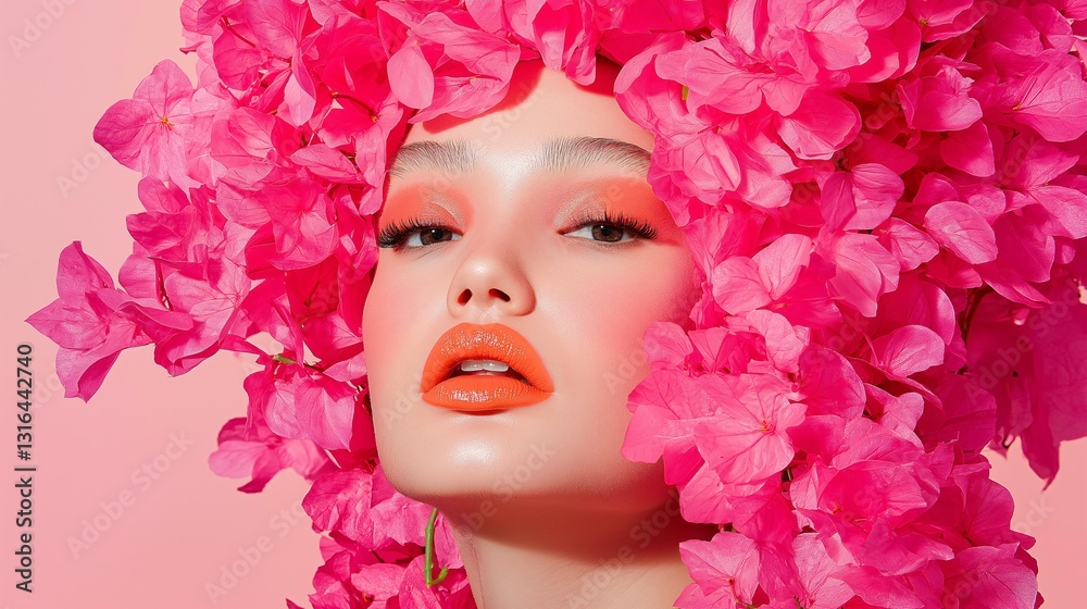 Closeup face of woman with pink petals, flower wreath Closeup face of woman with pink petals, flower wreath