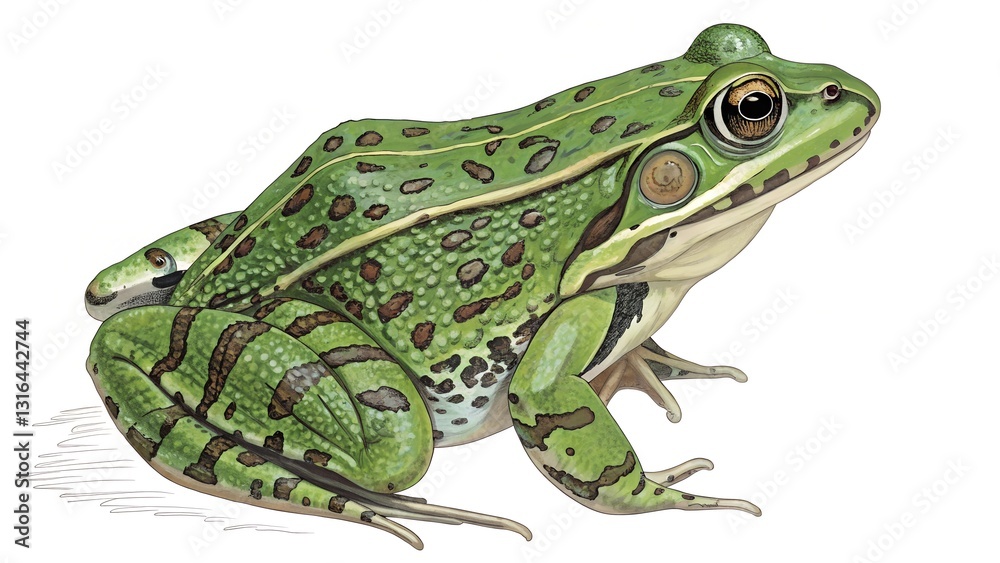 Naklejka premium Green Frog Illustration: An intricate illustration depicting a green frog with a distinctive spotted pattern and bulging eyes, rendered in vibrant hues against a white background.