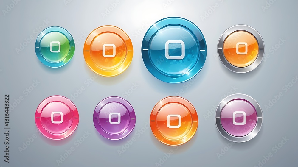 3D-rendered translucent buttons with glassy textures and soft reflections 3D-rendered translucent buttons with glassy textures and soft reflections