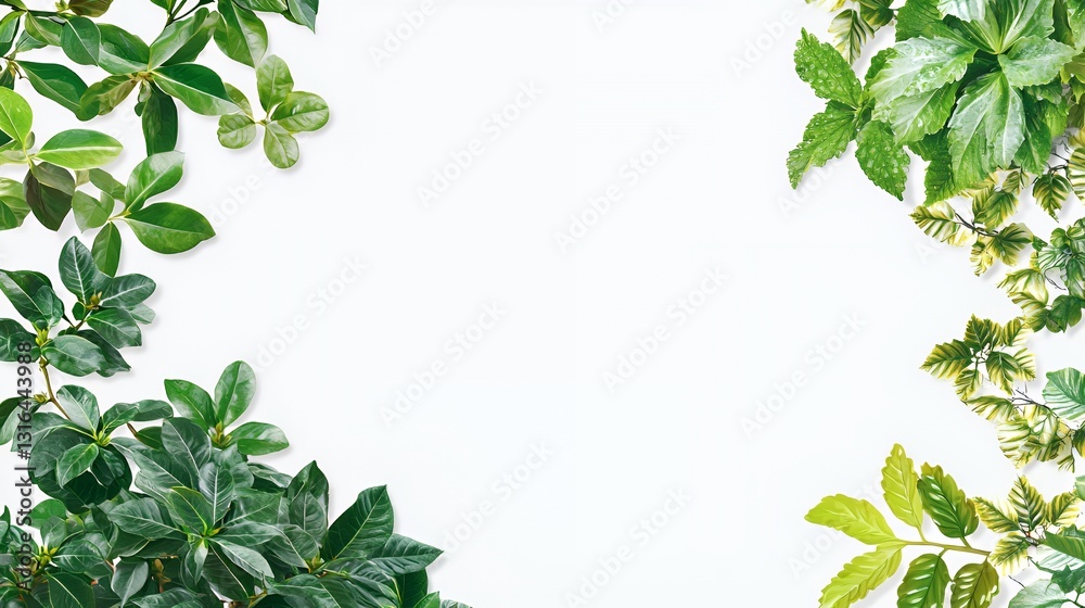 Fototapeta premium Lush Green Leaves Border on White Background
