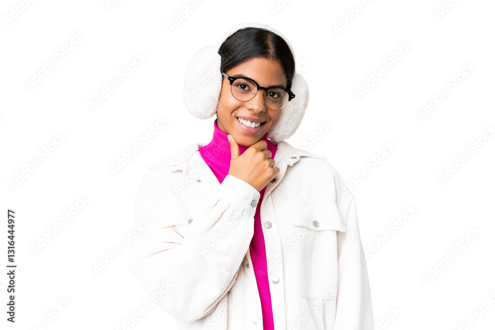 Young African American woman wearing winter muffs over isolated chroma key background with glasses and smiling Young African American woman wearing winter muffs over isolated chroma key background with glasses and smiling