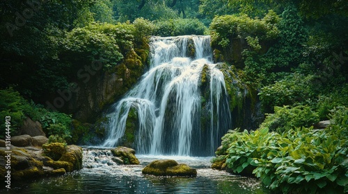 Glistening waterfall cascades down in vibrant blue-green hues, surrounded by lush foliage and mist, capturing nature's serene beauty in vivid detail